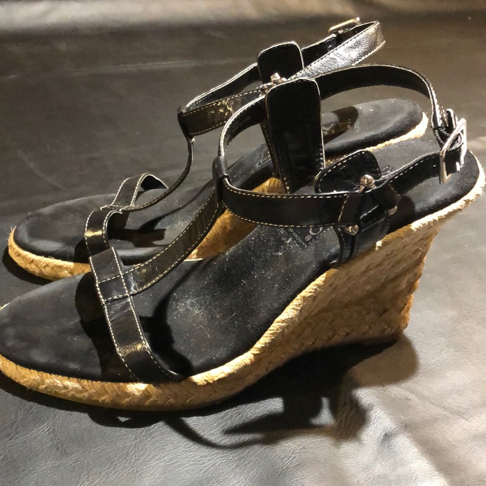 Franco Sarto black leather jute heel sandal